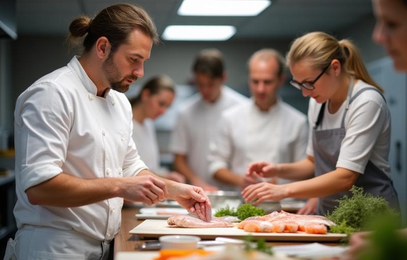 Cooking class instructor demonstrating fish preparation